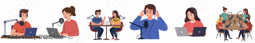 Flat Style Illustration of Podcast Recording with people using microphone and laptop