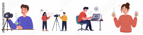Flat Illustration of Various Person Creating Online Streaming Content Set