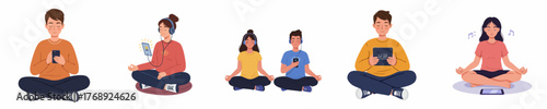 Flat Illustration Diverse Group of People Meditating with Gadgets in Yoga Position