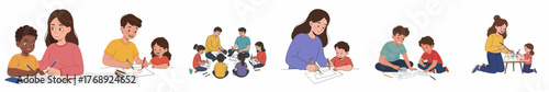Cartoon Style Illustration of Parents Helping Children Study Together Education