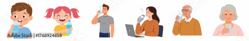 Cartoon Style Diverse People Group Drinking Water for Healthy Lifestyle Illustration