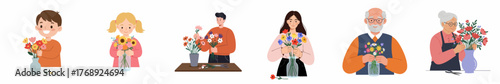 Cartoon Style Diverse People Holding Bouquet Flower Illustration Element