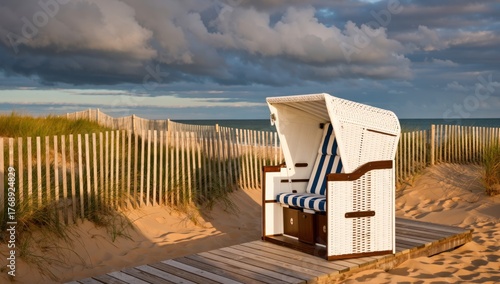 Fototapeta Naklejka Na Ścianę i Meble -  Beach chair on sandy beach with dune grass and fence under cloudy sky at the baltic sea in summer