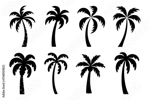 palm tree silhouettes and tropical coconut trees — vector collection of exotic island, beach, and summer vacation elements for nature, travel, and paradise design concepts.