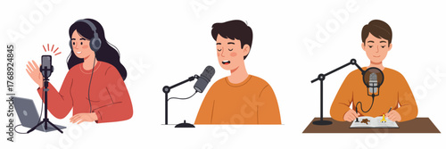 Cartoon Style People Recording Podcast Interview with Microphone Illustration Set