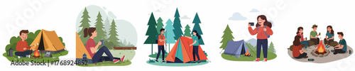Cartoon Illustration of People Enjoying Outdoor Camping in Natural Environment Activity