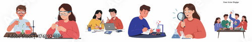 Flat Design Illustration Set of Diverse Students Studying Science in Laboratory