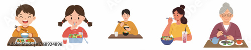 Cute Cartoon Style Diverse Generations Eating Healthy Meal Illustration
