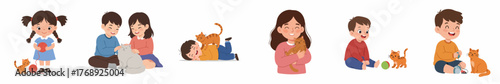 Charming Cartoon Character Illustration of Children Interacting with Their Beloved Cats