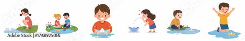 Cheerful Handdrawn Children Playing with Water Puddle Activity Illustration