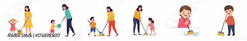 Flat Illustration Set Depicting Woman and Child Cleaning House Together with Mop