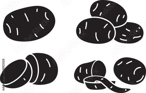Potato Vegetable Whole Sliced and Peeled Black Silhouette Vector Set