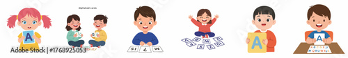 Playful Cartoon Style Children Learning Alphabet Flashcard in Various Action Poses Illustration