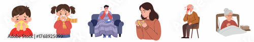 Cartoon Style Illustration of Different Ages Feeling Sick and Cold Symptoms