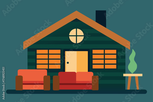 Cottage living room with log walls illustration