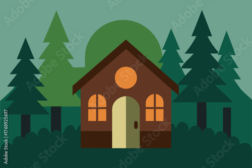 Forest house wooden door background illustration