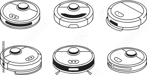 Robotic Vacuum Cleaner Isometric Outline Vector Icon Set