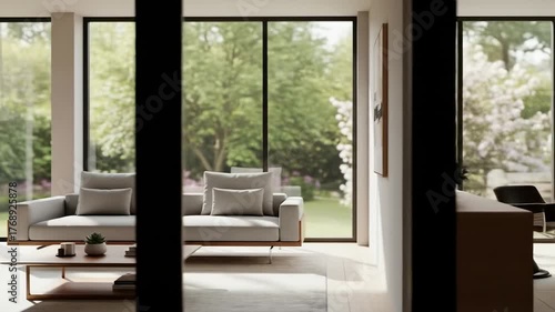 Interior view through dark frame with a sofa and artwork, window revealing lush greenery