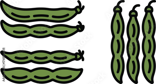 Set of Green Bean and Pea Pod Icons - Colored Flat Line Art Vector