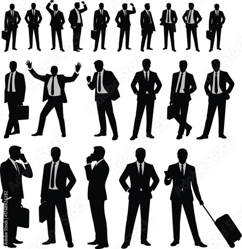 Businessmen silhouettes in various poses, suits and ties, corporate gestures, mobile phone, briefcase, travel, flat vector illustration