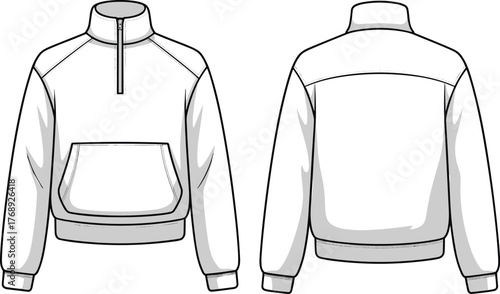 Flat vector illustration, pullover technical sketch, front and back view, fashion design, garment construction, raglan sleeve, zipper collar, apparel template