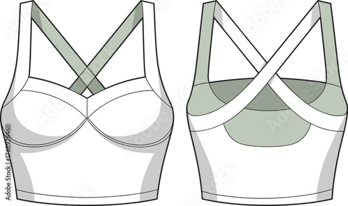 Flat vector illustration, sports bra sketch, front and back view, cross-back straps, scoop neckline, fashion design, technical drawing, garment template