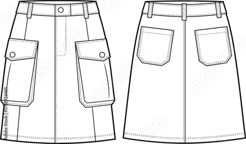 Flat vector illustration, technical skirt sketch, front and back view, fashion design, garment construction, pocket detail, A-line silhouette, template