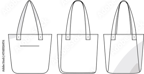 Flat vector illustration, tote bag sketch, front view comparison, fashion design, technical drawing, product template, stitching detail, accessory design