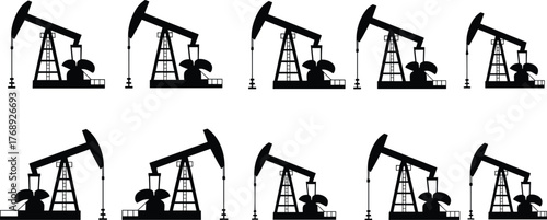 Oil pumpjack silhouette, industrial energy icon, fossil fuel extraction, petroleum rig, repetitive layout, flat vector illustration, black outline graphic