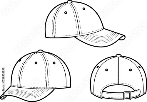 Baseball cap technical sketch, side view, rear view, bottom angle, adjustable strap, curved brim, fashion accessory, flat vector illustration
