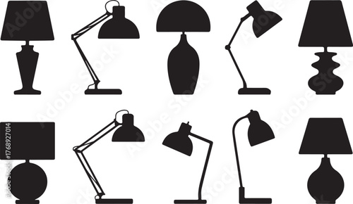 Table and Desk Lamp Black Silhouette Vector Icon Set