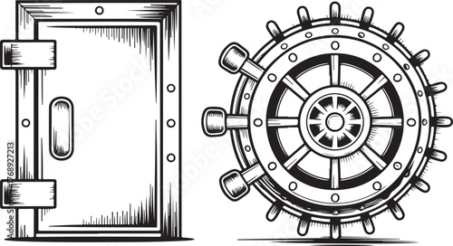 Vintage Bank Vault Door and Mechanism Engraved Vector Illustration Set