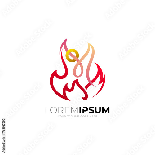 Flame logo and people care design combination, line style
