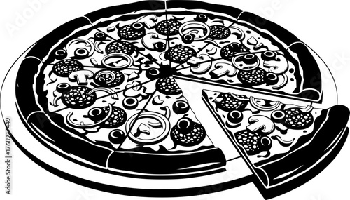 Silhouette of pizza with mushrooms, olives and cheese. Pizza, monochrome vector illustration. EPS version.