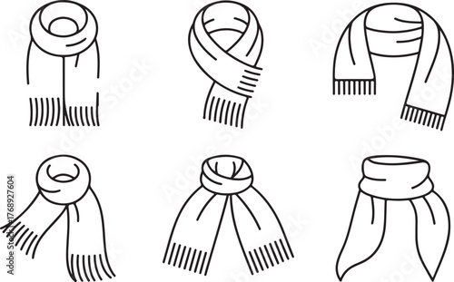 Winter Scarf and Muffler Outline Vector Icon Set