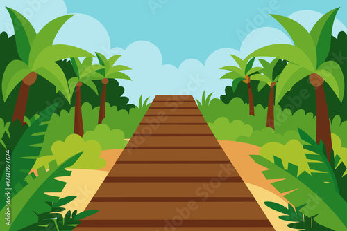 Wooden Pathway In Tropical Garden Background Illustration