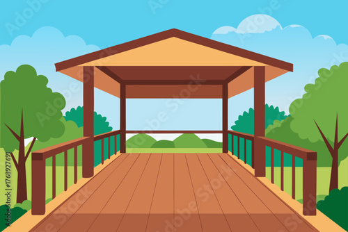 Wooden Veranda Overlooking Garden Background Illustration