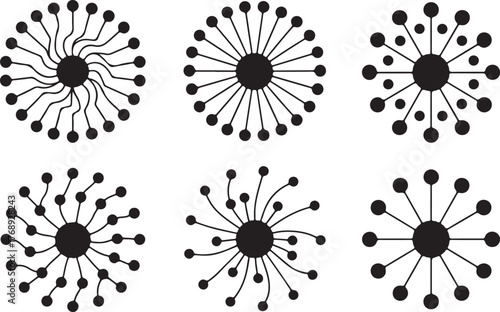 Abstract Network Hub and Spoke Black Silhouette Vector Icon Set