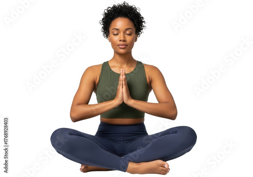 Young African woman meditating in lotus position isolated on transparent background, promoting relaxation and mindfulness