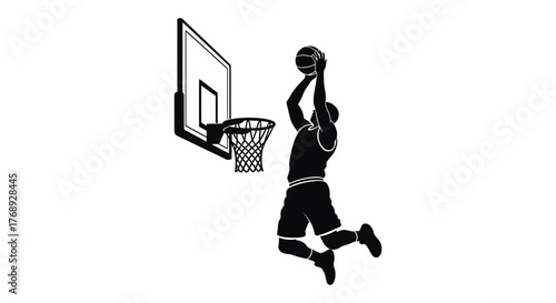 Dynamic silhouette of a basketball player in mid air performing a powerful slam dunk over the hoop