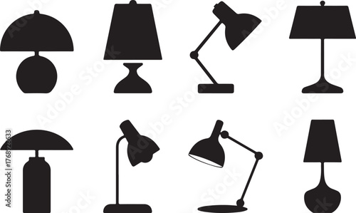 Assorted Black Silhouette Table and Desk Lamp Icon Vector Set