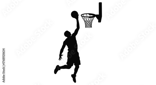 Dynamic silhouette of a basketball player in mid air performing a slam dunk over a hoop silhouette