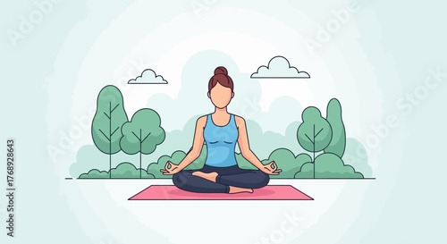 Woman meditating in lotus position on a pink mat outdoors with trees and clouds in the background.