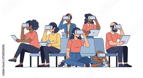 Group of people using VR headsets and laptops while sitting on a bench, exploring virtual reality.