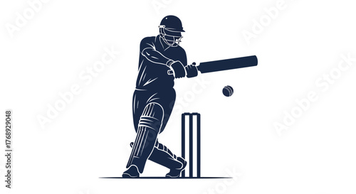 Dynamic silhouette of a cricket batsman in action hitting a ball with the wicket in the background silhouette