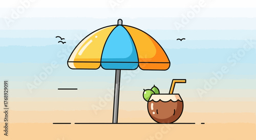 A refreshing coconut drink sits on the beach under a colorful umbrella on a sunny day.