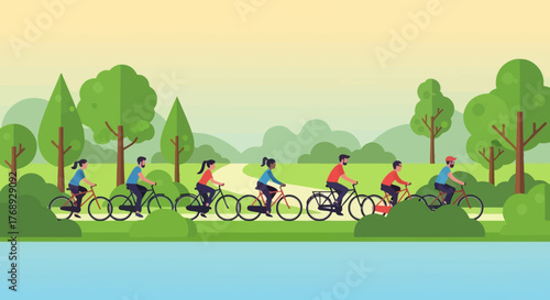 An illustration of a diverse group of people riding bicycles in a park with trees and a body of water under a clear sky.
