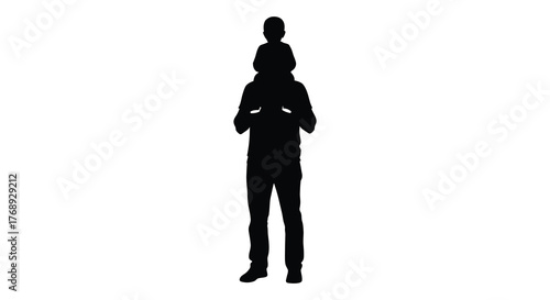 Father carrying his child on his shoulders in a striking black silhouette against a white background