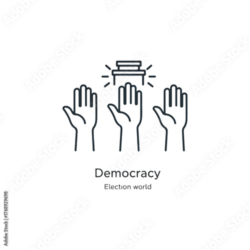 Democracy Election World Icon with Raised Hands and Voting Button Symbolizing Voting Rights and Civic Participation