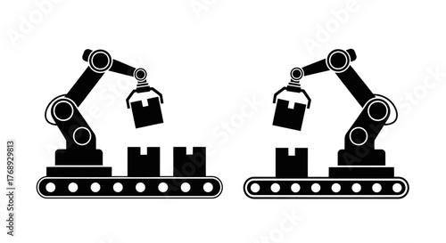 Two robotic arms working on a conveyor belt assembly line